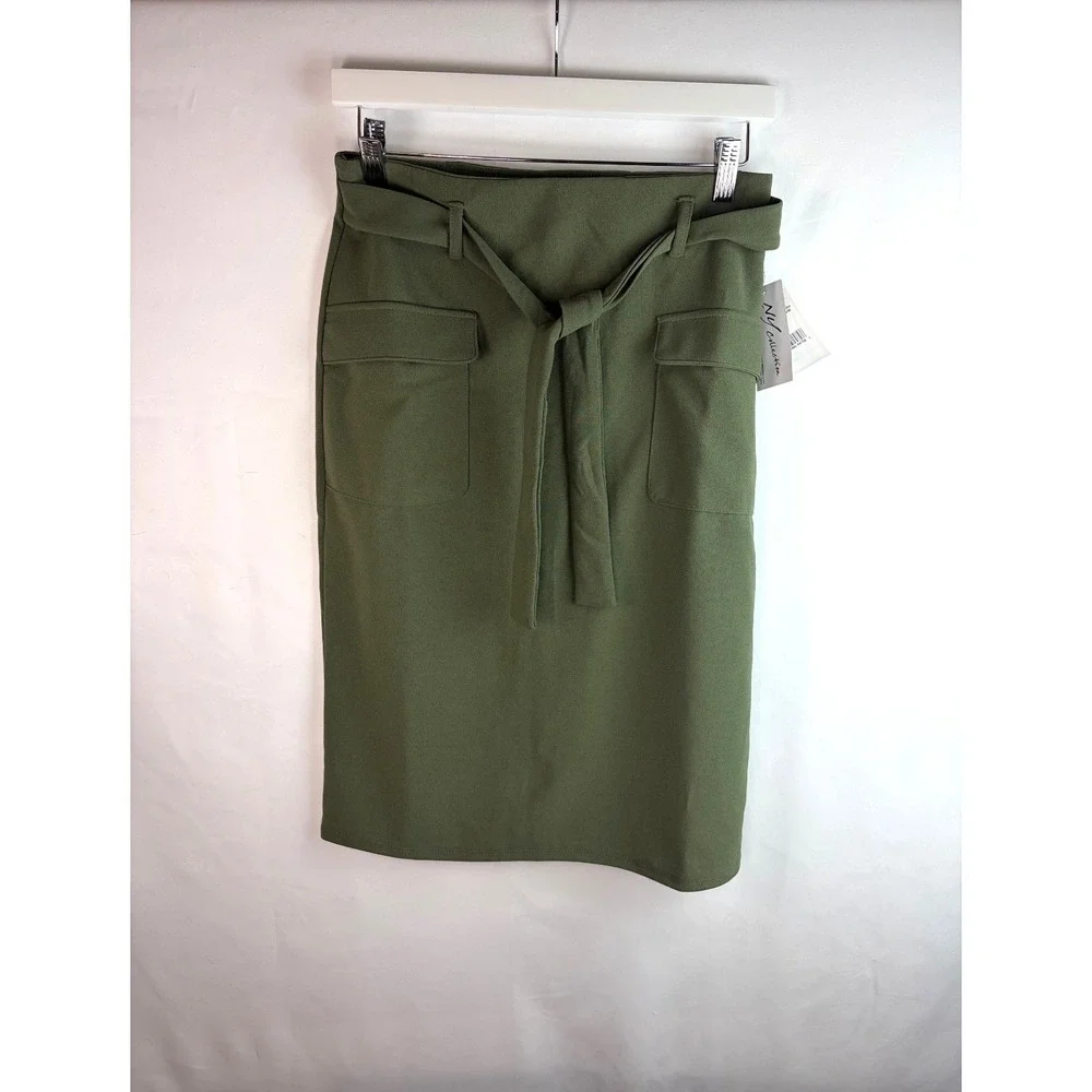 NY Collection Olive Green Petite Slim Belted Scuba Crepe Cargo Skirt Medium Chic